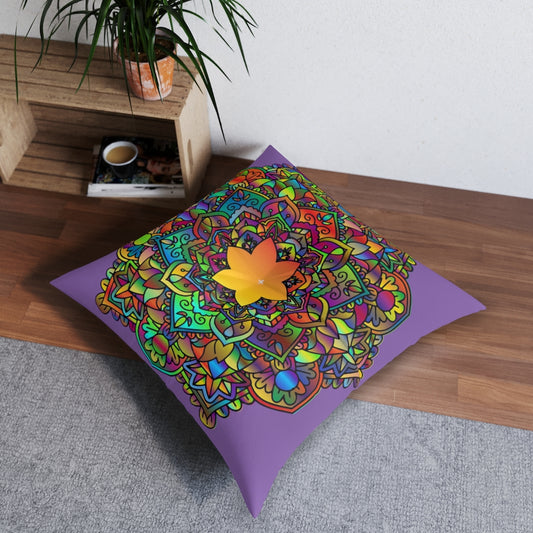 Tufted Purple Mandala Floor Pillow, Square
